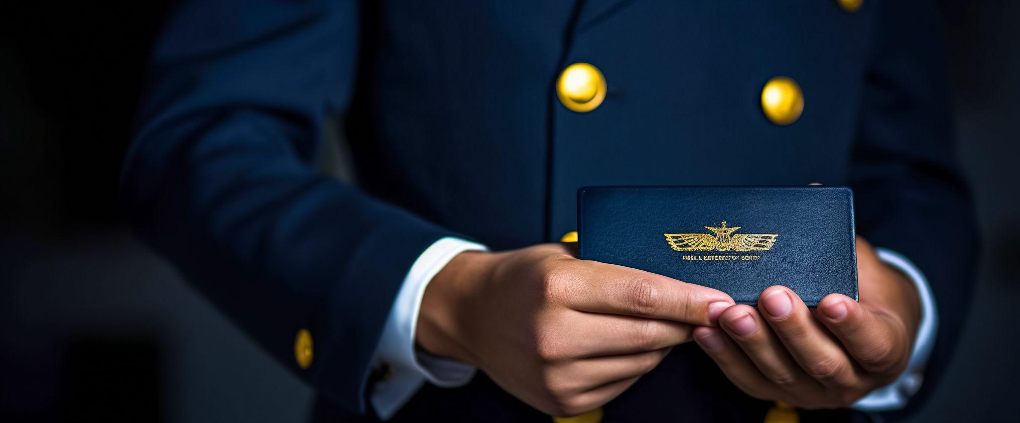 A pilot in uniform and a pilot's license in close-up.