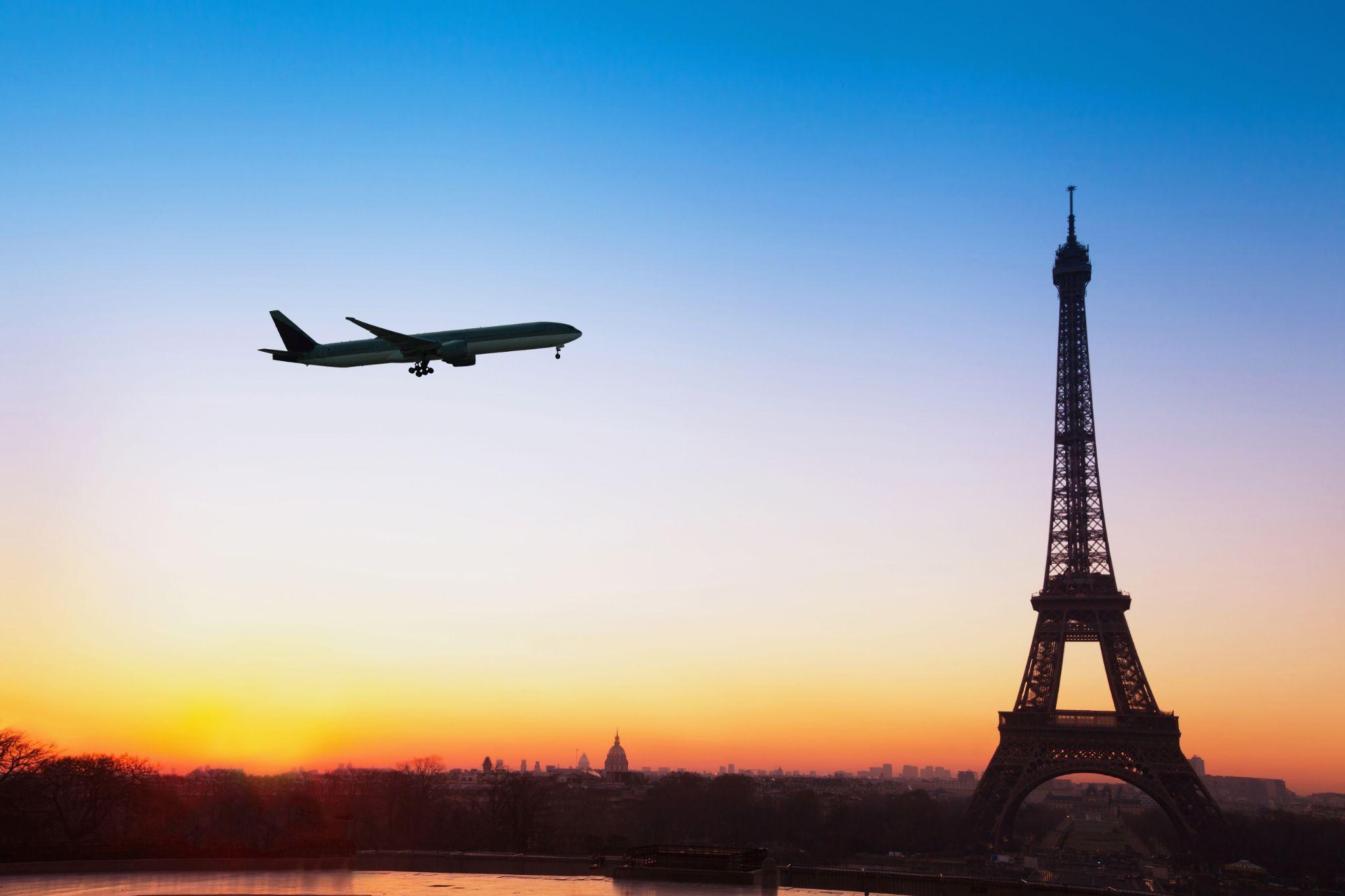 Flight to Paris, travel by airplane to France.
