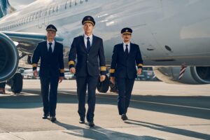 Three young pilots walking across the aerodrome.